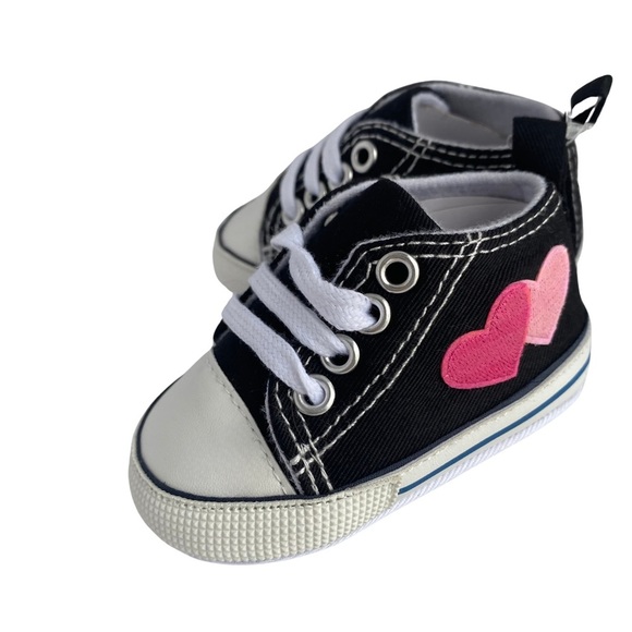 Size 1, Custom made Black Infant Shoes with Pink Embroidered Hearts - Picture 1 of 8